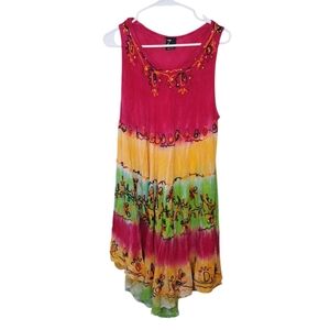7 Islands Pink Yellow‎ Green Embroidered Sequin Swing Festival Mini Dress Sz L